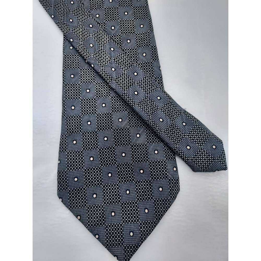 Perry Ellis Portfolio Men Silk Tie Grey Black Geometric Square Pattern Italy 59"